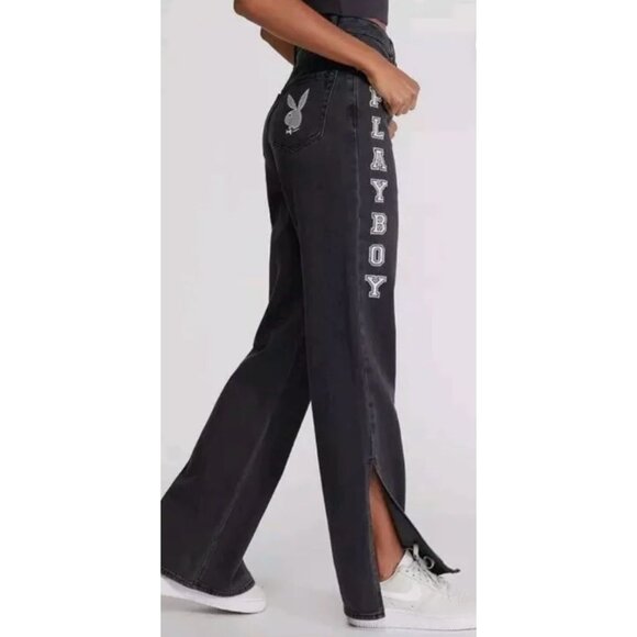 PLAYBOY x PacSun Womens Embroidered High Rise Boyfriend Jeans Sz 26 Black SP EXC - Picture 1 of 12